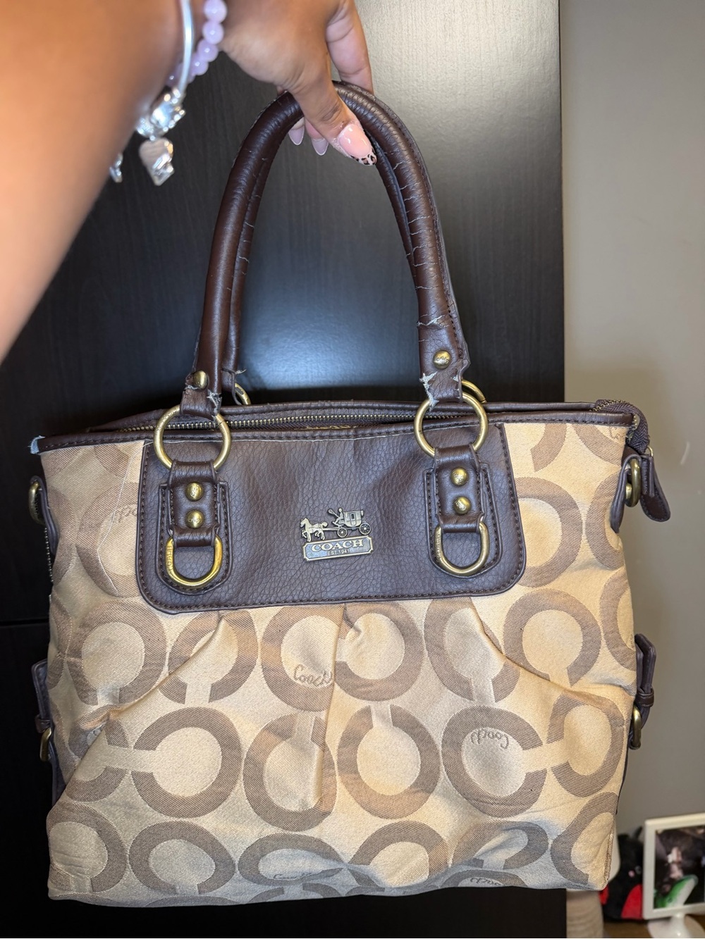 Coach Beige and Brown Signature Satchel with Leather Trim